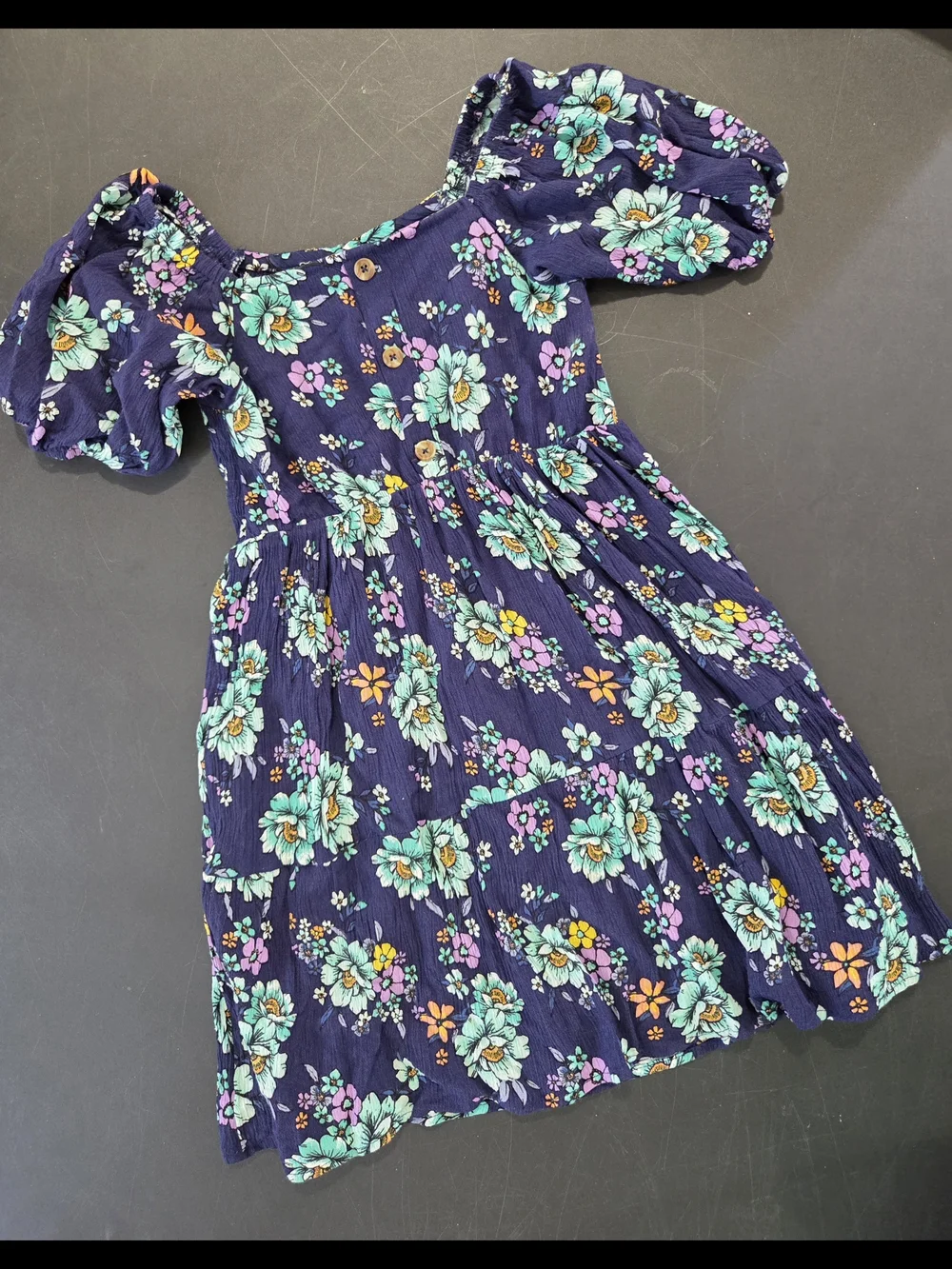 Justice Navy Floral Puff-Sleeve Dress with Aqua and Purple Blooms